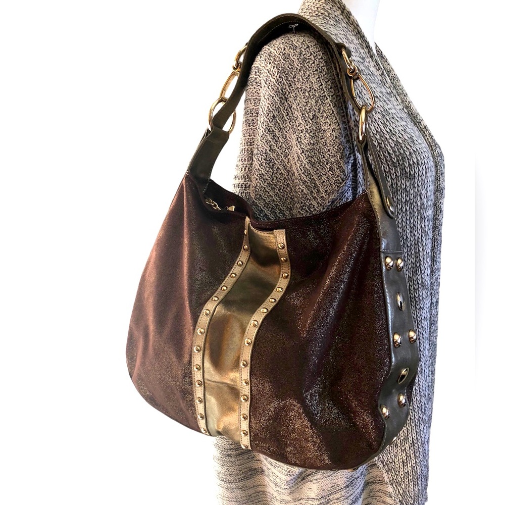 Kathy van Zeeland Shoulder Hand Bag Purse Gold faux suede brown Glam slouch hobo - Picture 4 of 13